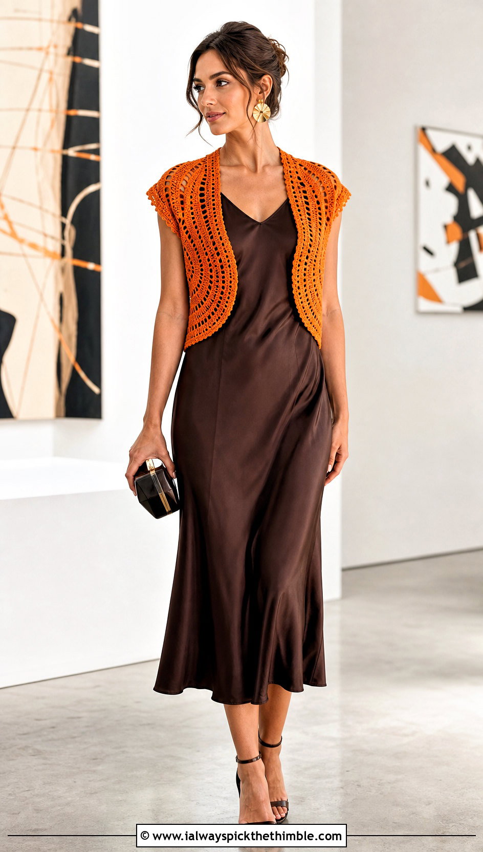 Circle Crochet Shrug Vest With Satin Slip Dress - 15 crochet shrug vest outfit ideas