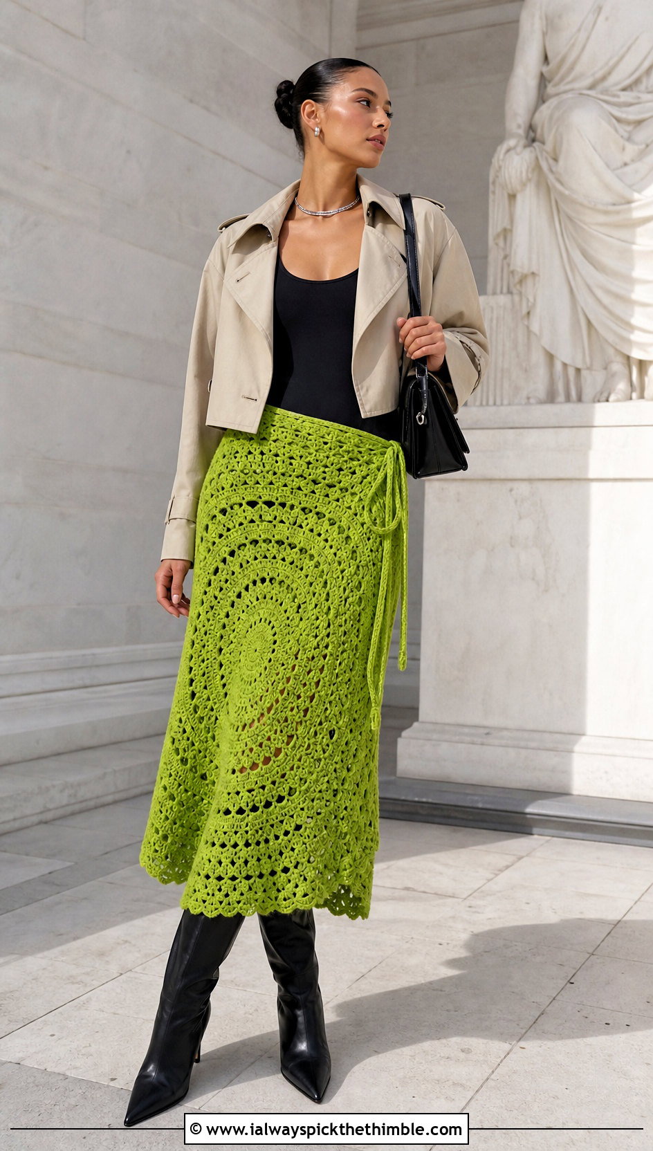 Circle Crochet Tie Skirt With Cropped Trench Coat - 20 crochet tie skirt outfit ideas