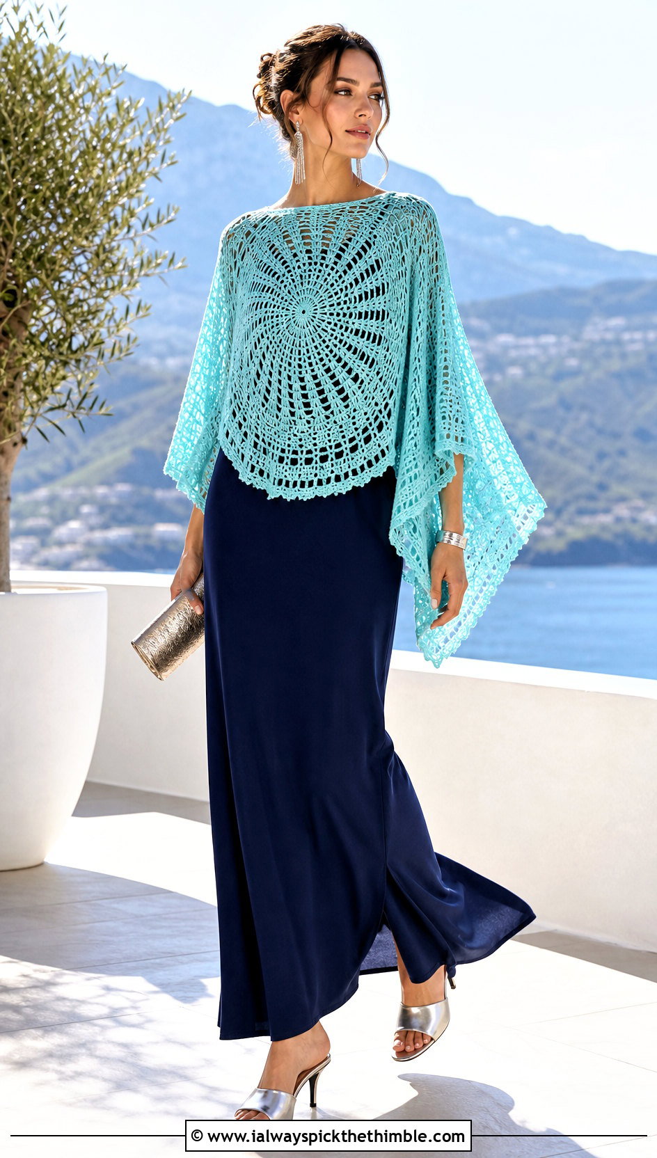 Circle DIY Crochet Cape With Column Maxi Dress - 15 diy crochet cape outfit ideas