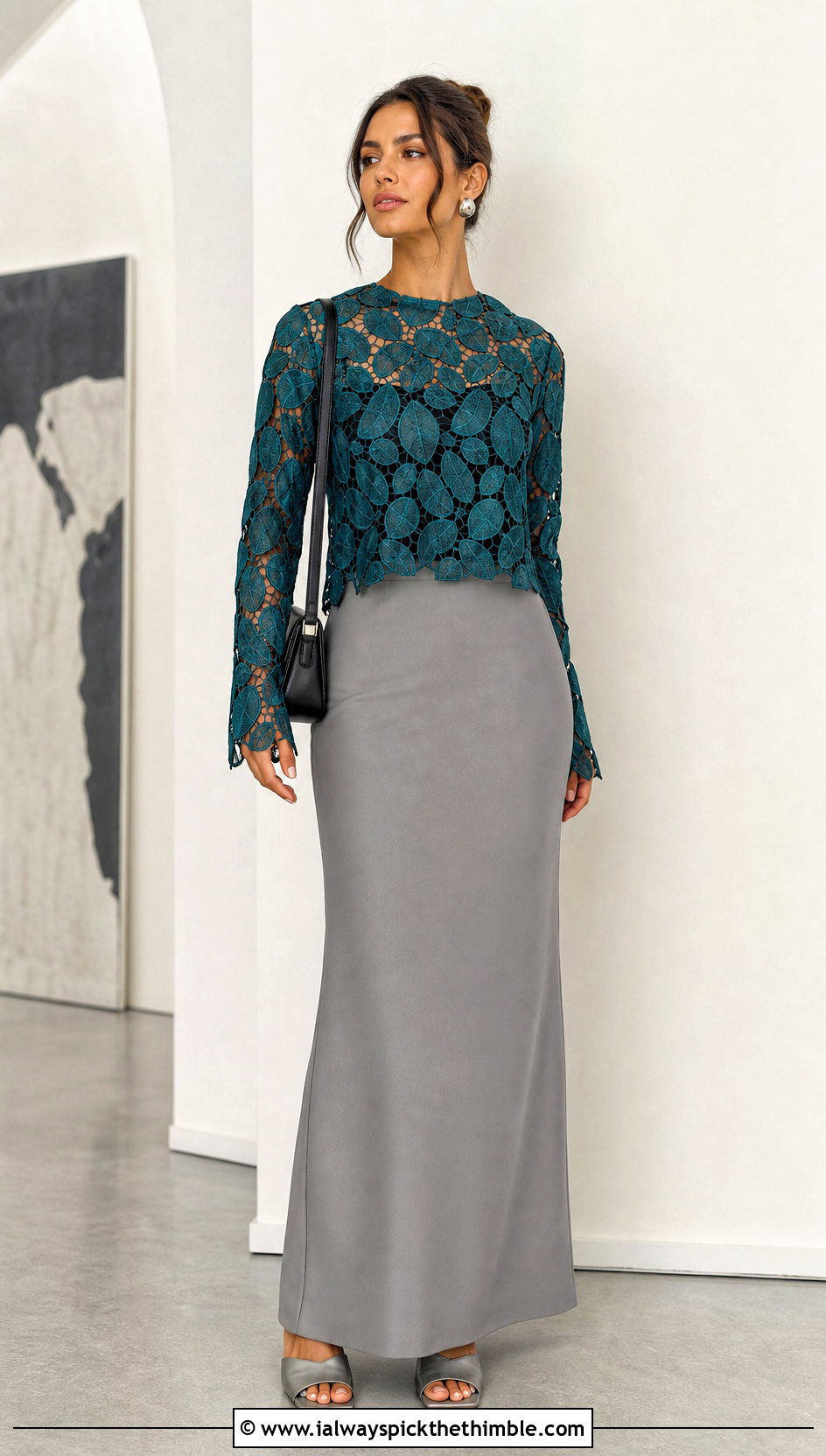 Circle Leaf Lace Top With Column Skirt - 15 crochet top with leaf outfit ideas