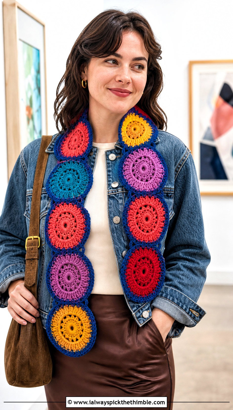 Circle Motif Crochet Rainbow Scarf With Denim Jacket And Satin Skirt - 15 Crochet Rainbow Scarf outfit ideas