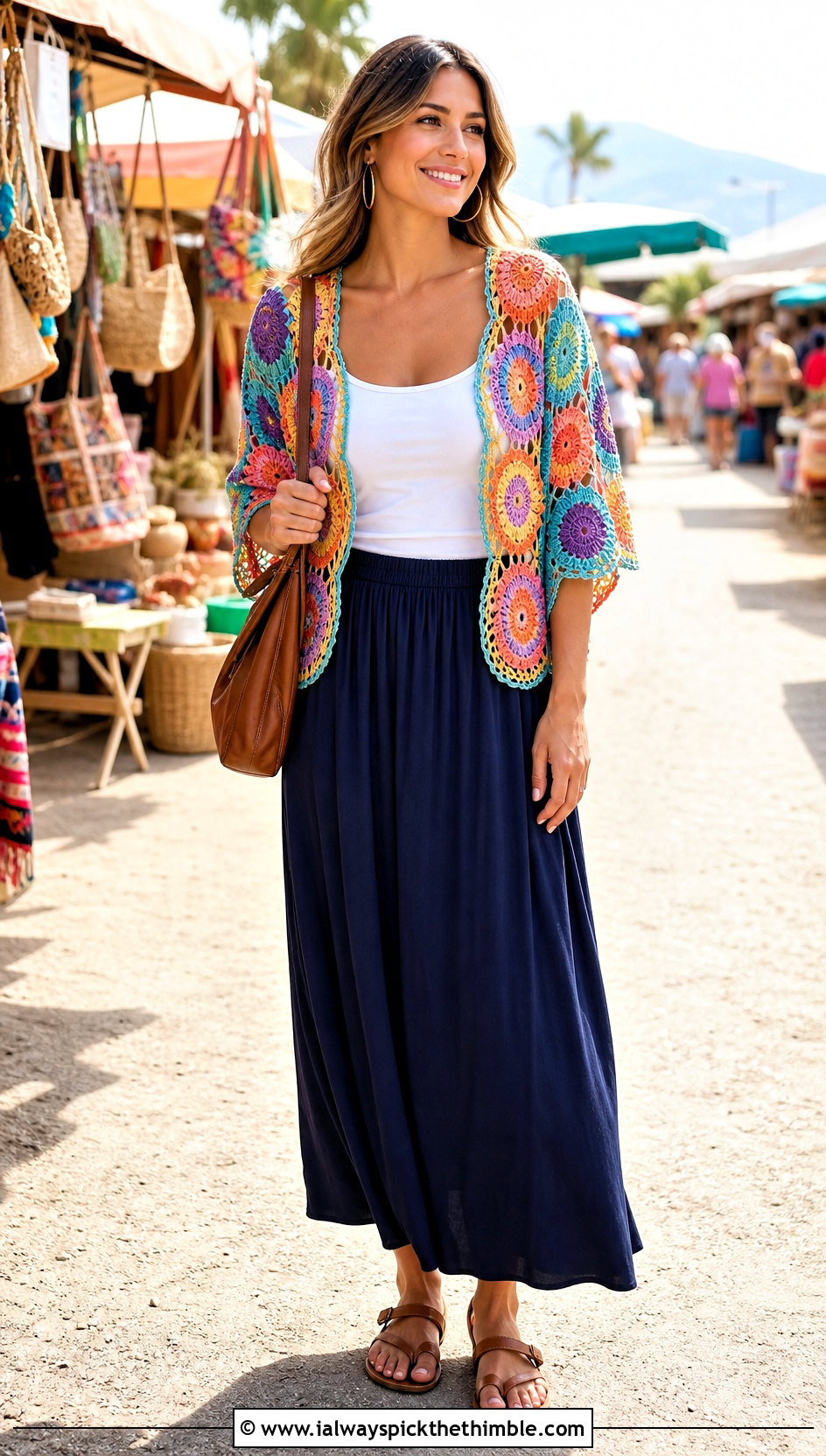 Circle Motif Crochet Shrug With Tank And Maxi Skirt - 25 crochet shrugs outfit ideas