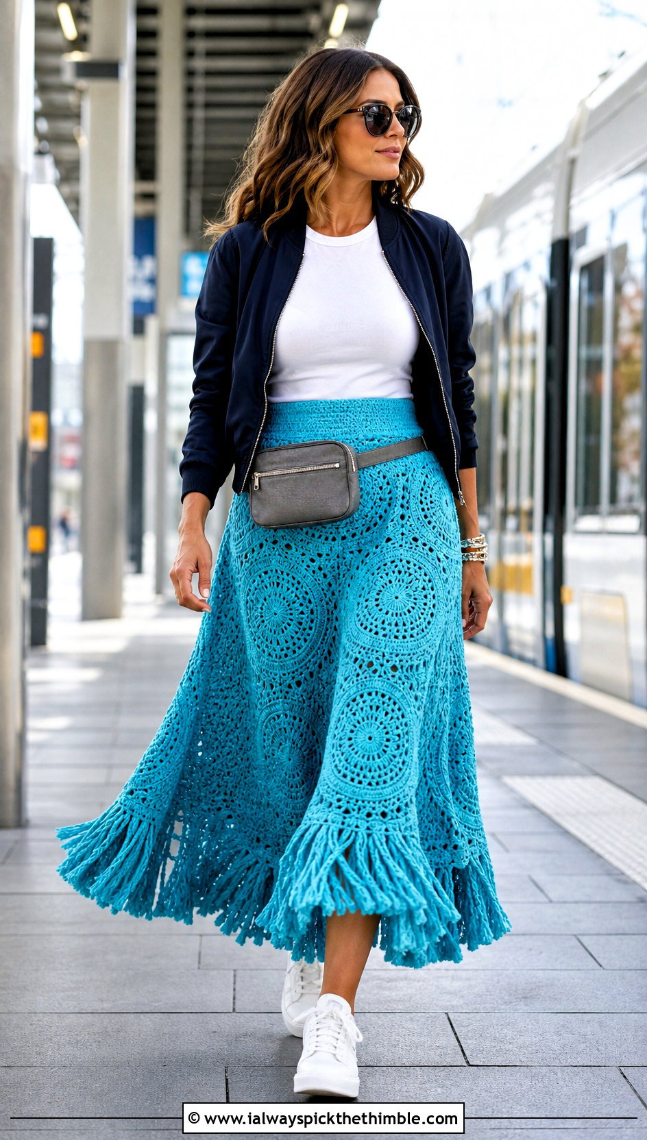 Circle Tassel Crochet Skirt With Bomber Jacket - 20 crochet skirt with tassels outfit ideas