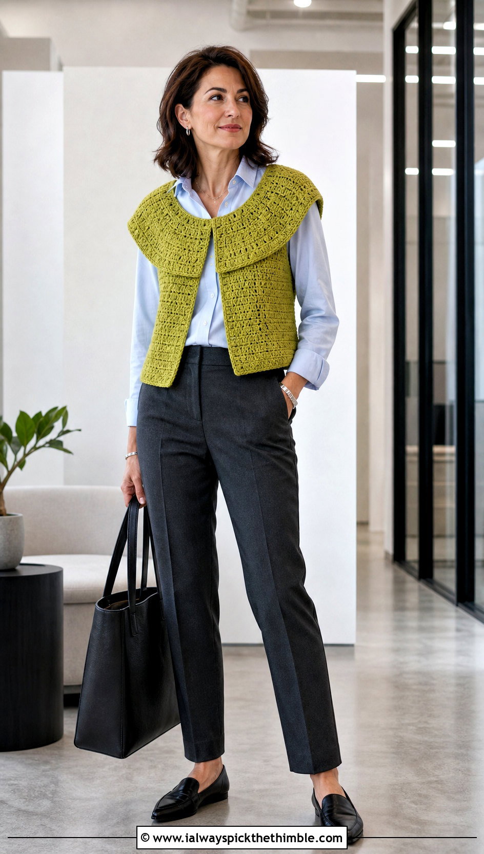 Circular Collar Crochet Shawl Vest With Tailored Trousers - 20 crochet shawl vest outfit ideas