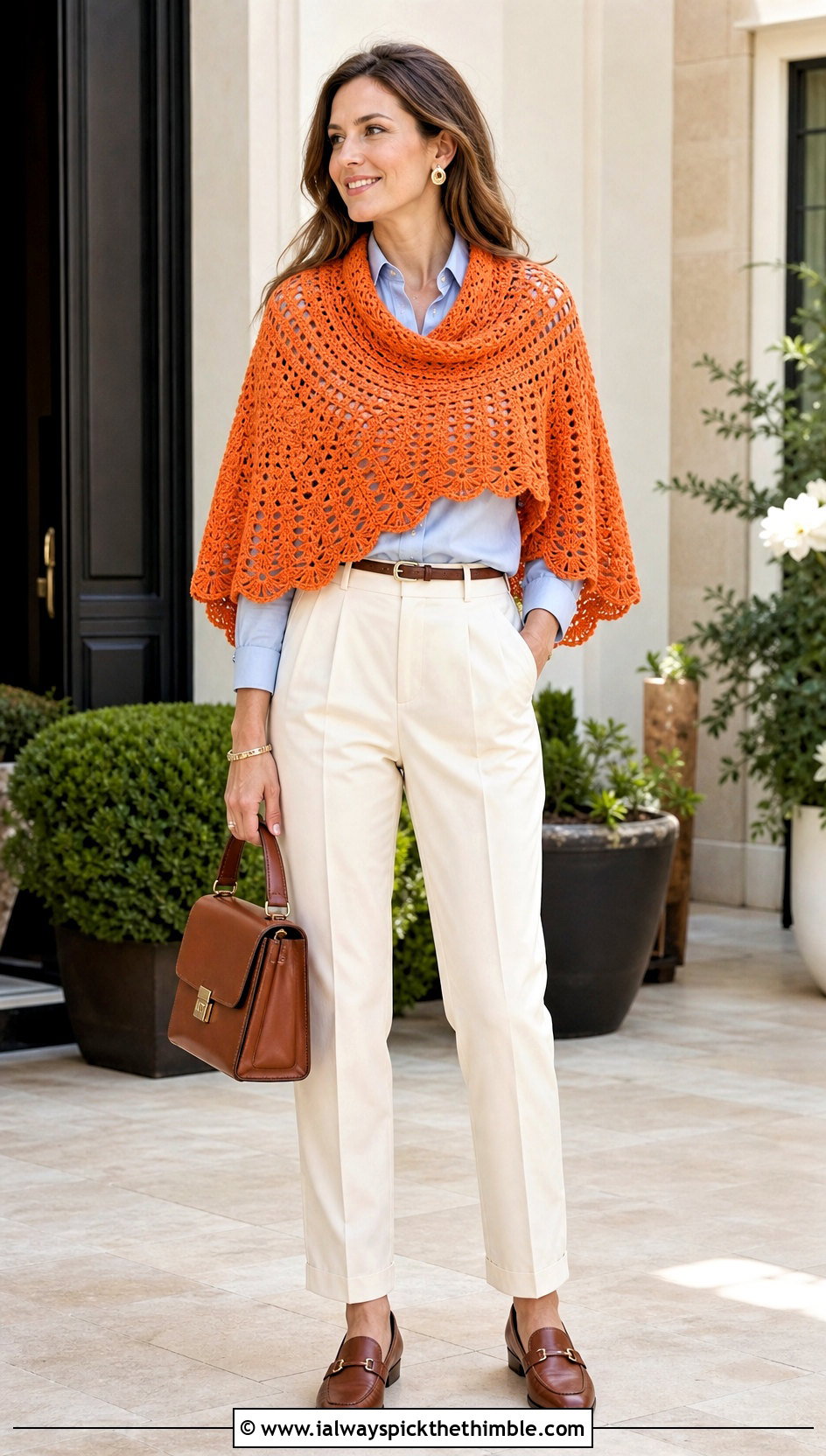 Circular Crochet Shawl With Pleated Trousers - 25 Crocheted Shawls And Wraps outfit ideas