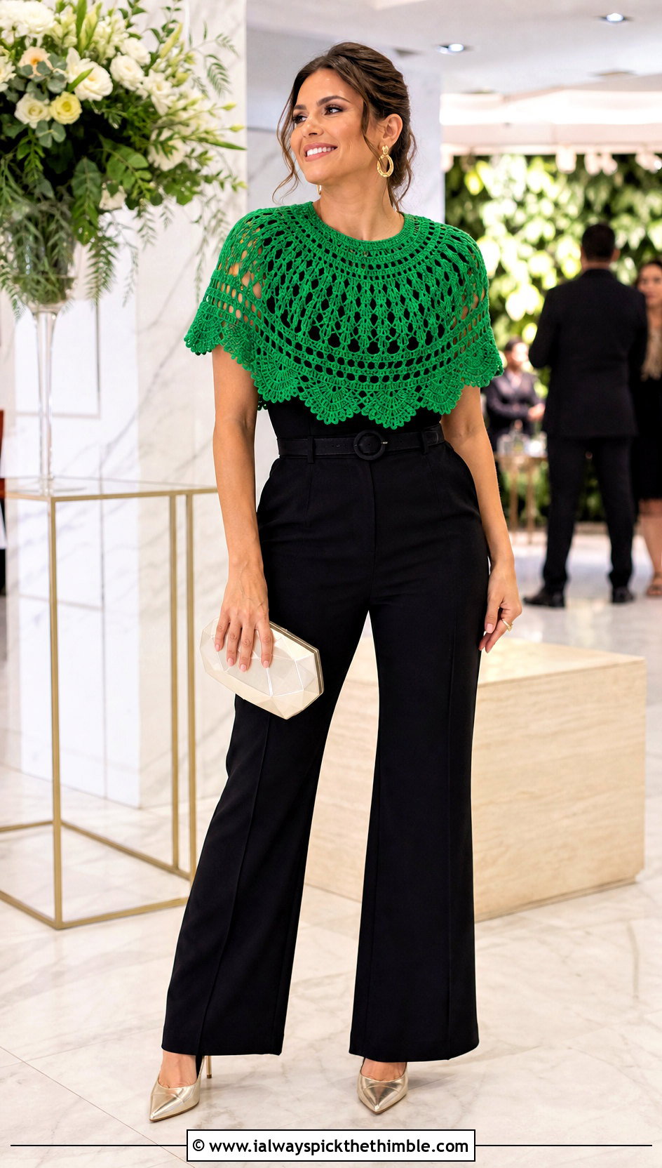 Circular Crochet Shoulder Shawl With Sleeveless Jumpsuit - 20 Crochet Shoulder Shawl outfit ideas