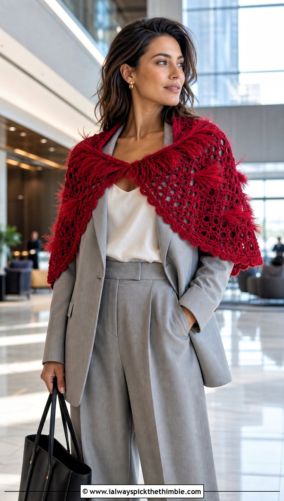 Circular Feather Crochet Shawl With Wide Leg Suit - 20 crochet feather shawl outfit ideas