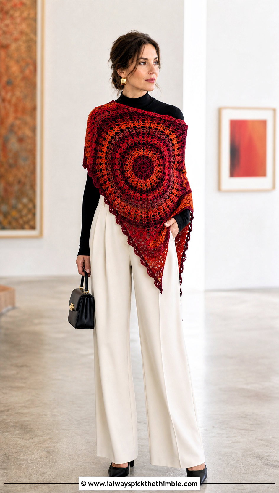 Circular Mandala Yarn Crochet Shawl With Wide Leg Trousers - 15 Crochet Shawl Mandala Yarn outfit ideas