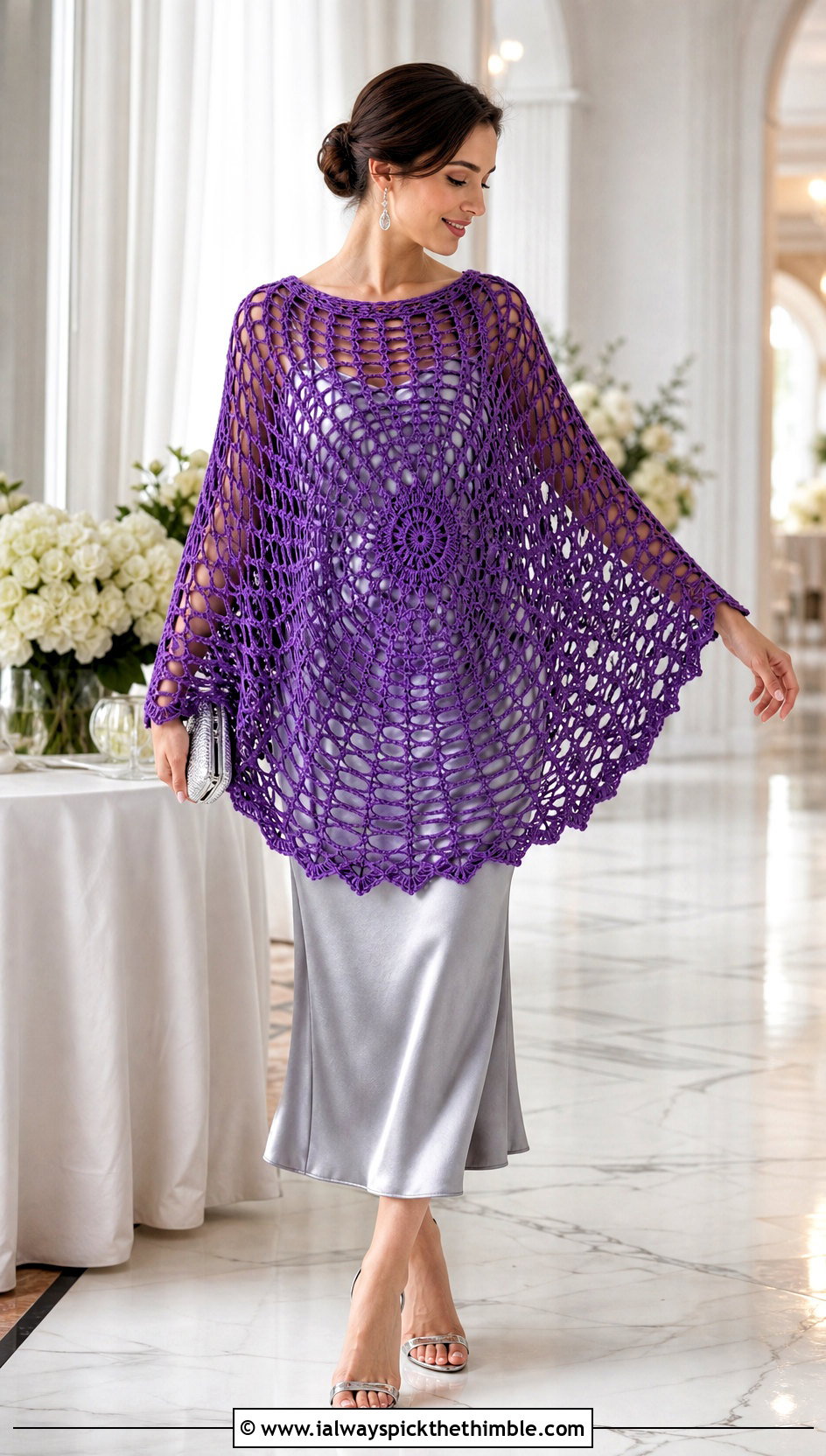 Circular Spider Web Crochet Poncho With Satin Slip Dress - 20 Spider Web Crochet Poncho outfit ideas