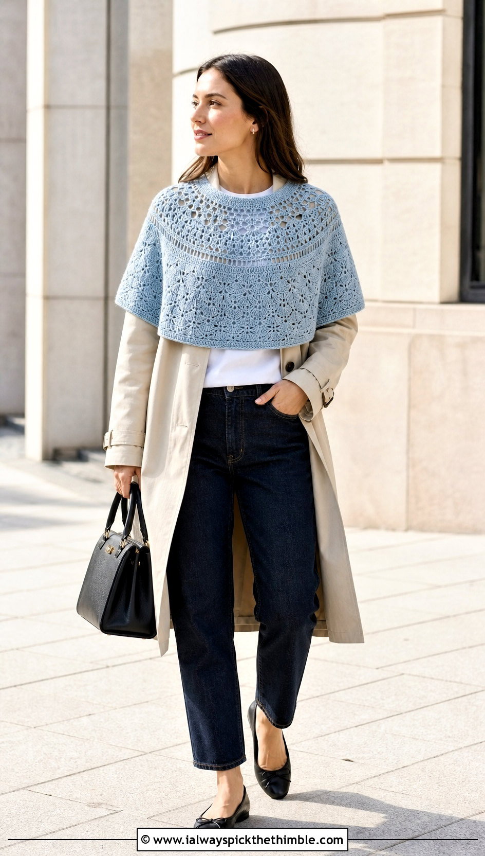 Circular Yoke Crochet Sweater Over Shoulders With Trench Coat - 20 Crochet Over The Shoulder Sweater outfit ideas