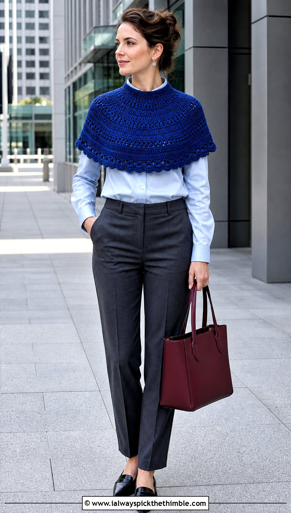 Circular Yoke Crocheted Capelet With Shirt And Trousers - 20 Crocheted Capelet outfit ideas