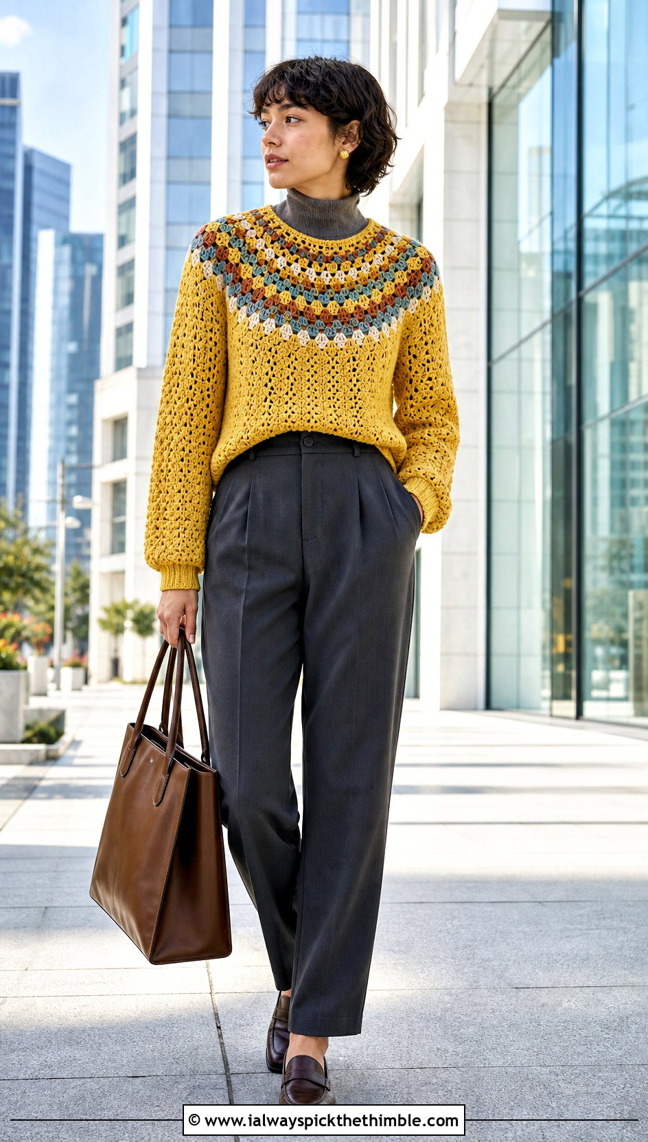 Circular Yoke Mandala Crochet Sweater With Tailored Trousers - 20 Mandala Crochet Sweater outfit ideas