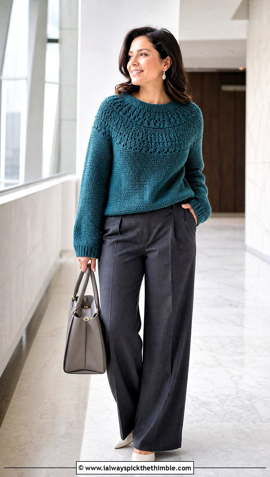 Circular Yoke Seamless Crochet Sweater With Wide Leg Trousers - 20 Seamless Crochet Sweater outfit ideas