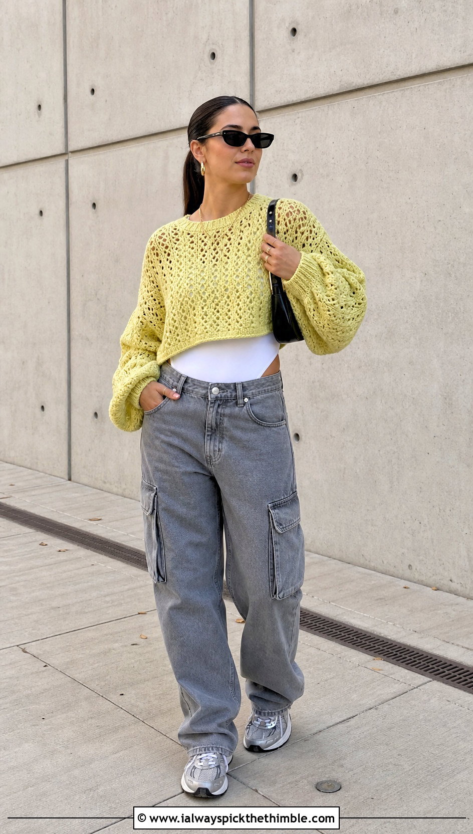 Citron Yellow Balloon Sleeve Crochet Sweater With Cargo Jeans - 20 Crochet Yellow Sweater outfit ideas
