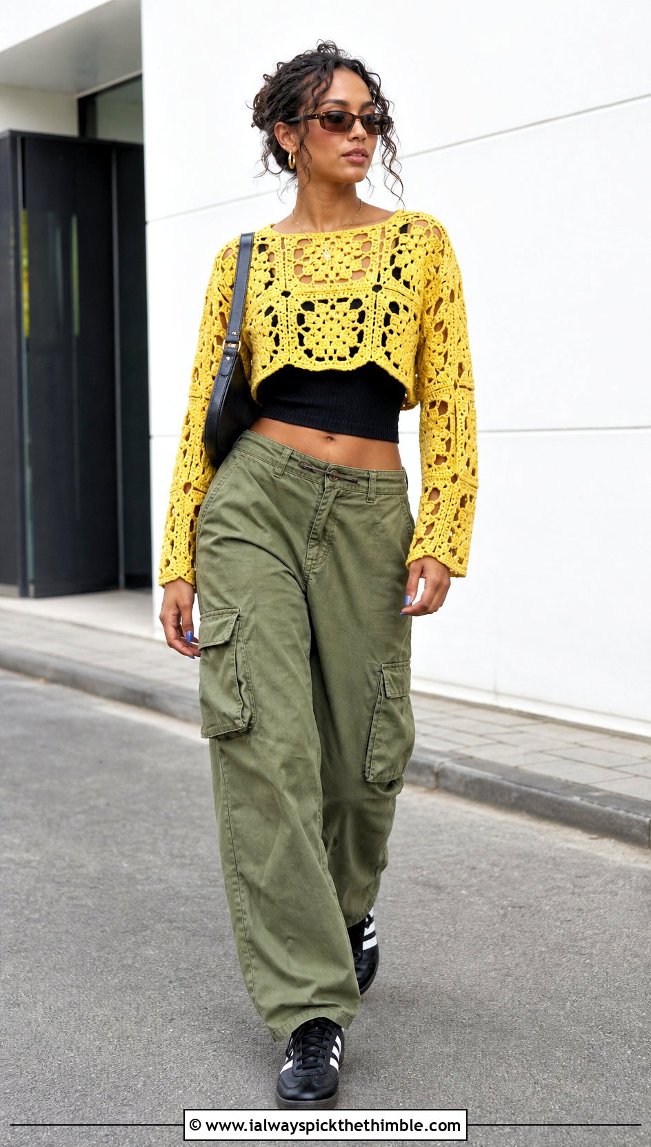 Citron Yellow Granny Square Crochet Sweater With Cargo Pants - 15 Yellow Lace Crochet Sweater outfit ideas