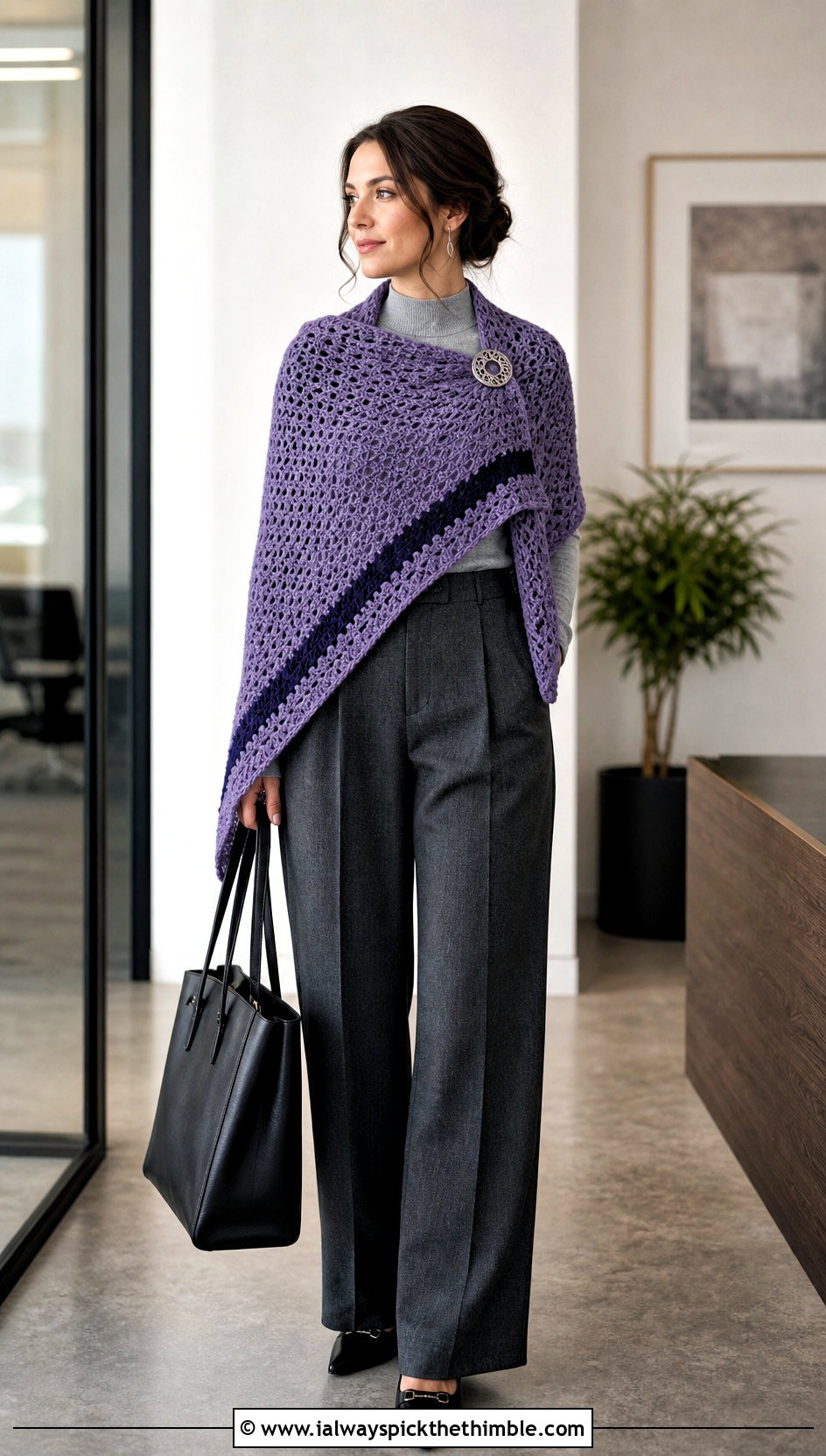Claire Highlands Crochet Outlander Shawl With Tailored Trousers - 25 crochet outlander shawl outfit ideas