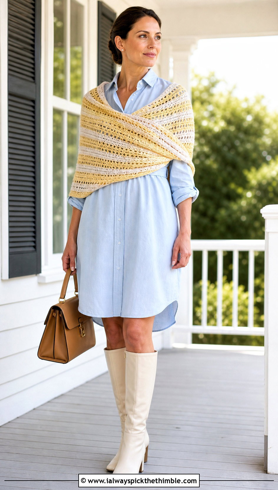 Claires Rent Striped Crochet Outlander Shawl With Shirt Dress - 25 crochet outlander shawl outfit ideas