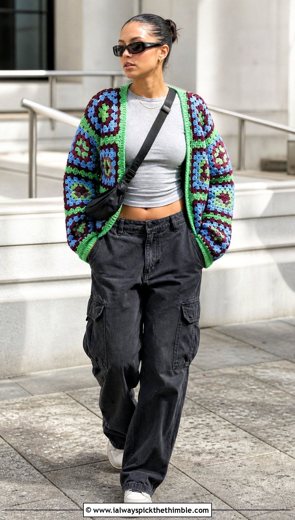 Classic Allover Granny Square Cardigan With Cargo Pants - 20 crochet granny squares cardigan outfit ideas