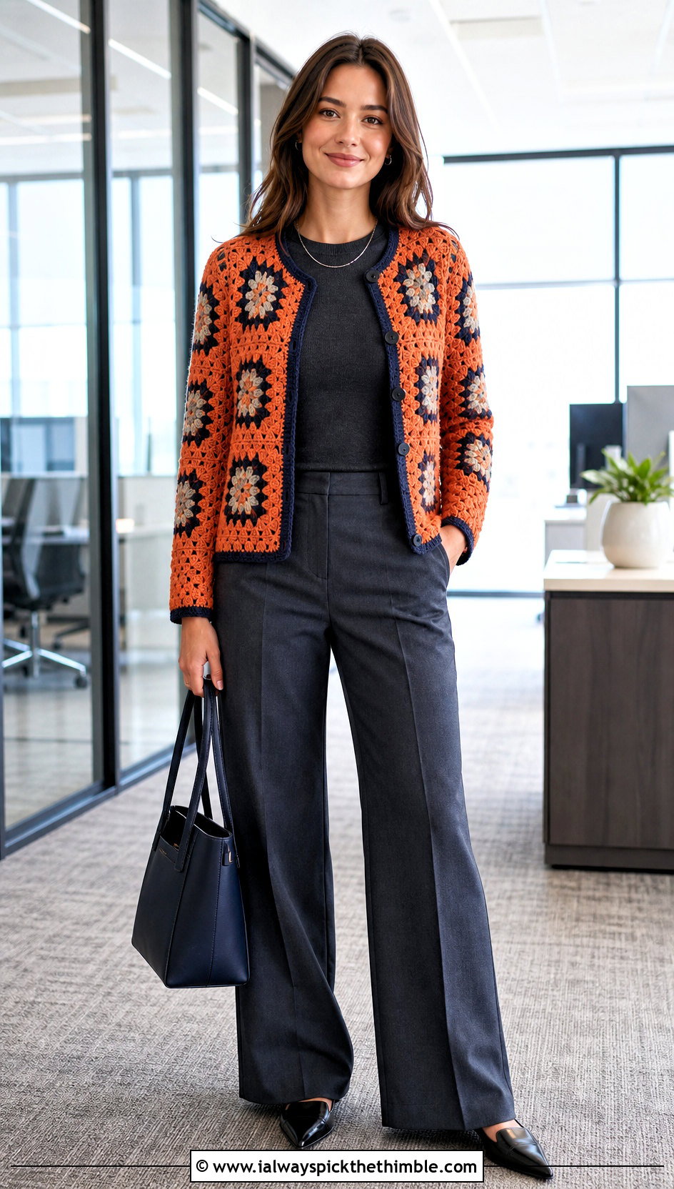 Classic Allover Granny Square Cardigan With Tailored Trousers - 15 Never Off Granny Square Cardigan outfit ideas