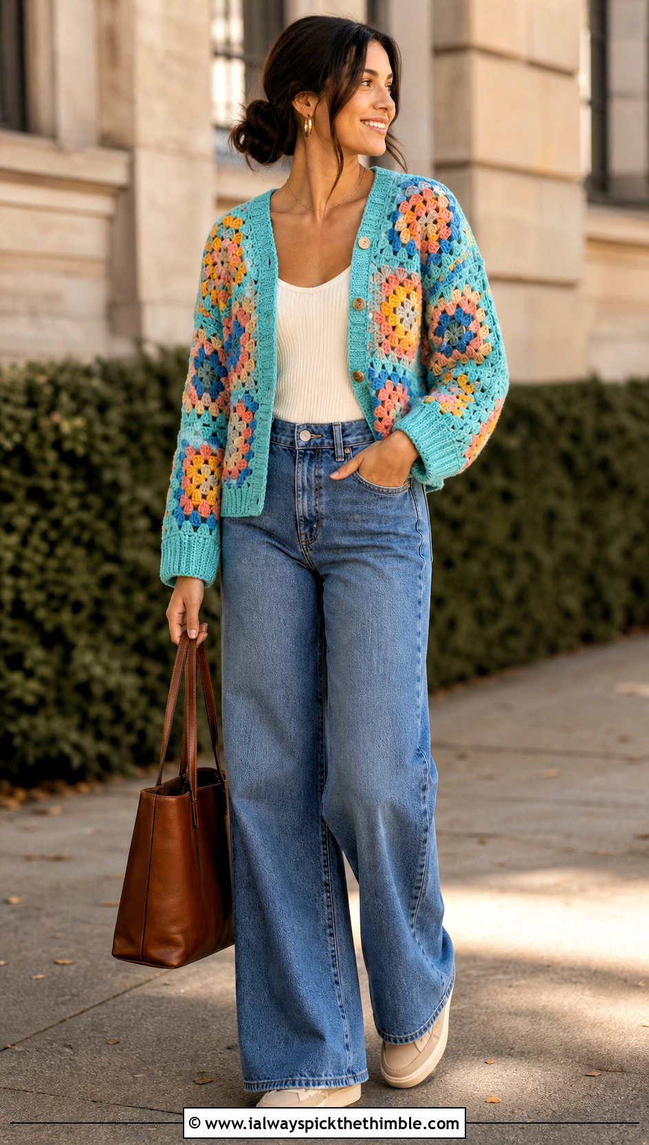 Classic Allover Granny Square Cardigan With Wide Leg Jeans - 20 Crochet Fall Granny Square Cardigan outfit ideas