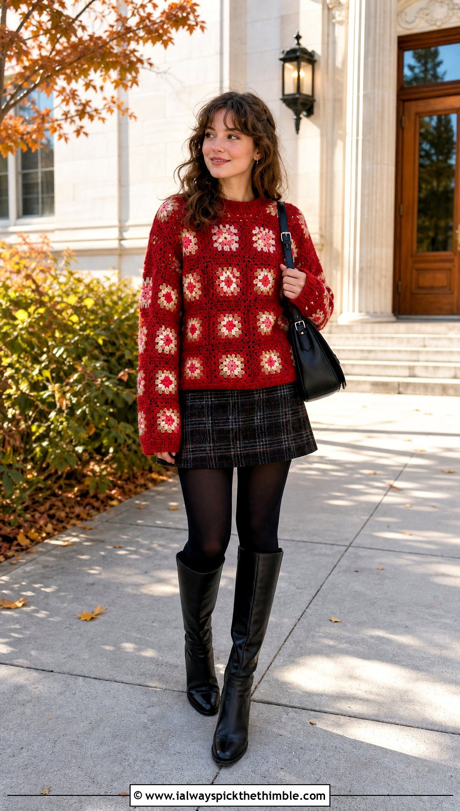 Classic Allover Granny Square Pullover With Plaid Skirt - 20 Fall Granny Square Sweater outfit ideas