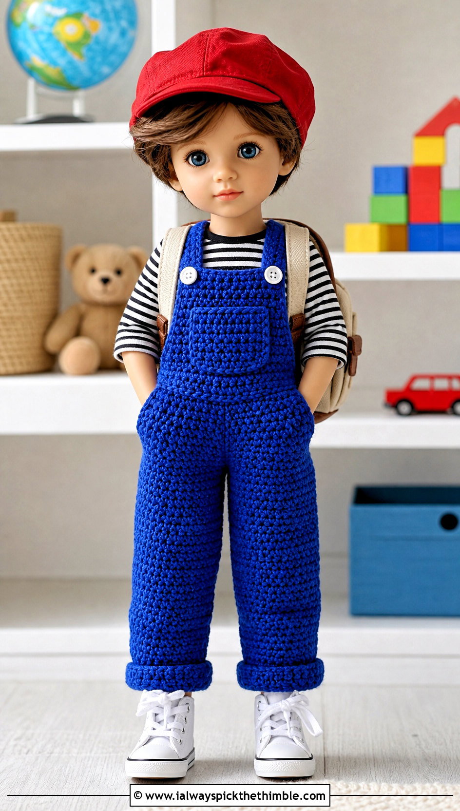 Classic Bib Crochet Doll Overalls With Striped Shirt - 20 crochet doll overalls outfit ideas