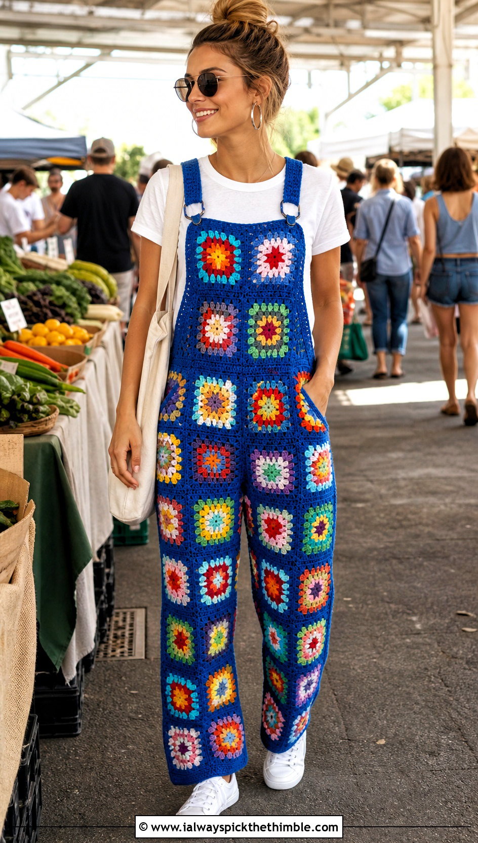 Classic Bib Granny Square Crochet Overalls With White T Shirt - 20 Granny Square Crochet Overalls outfit ideas