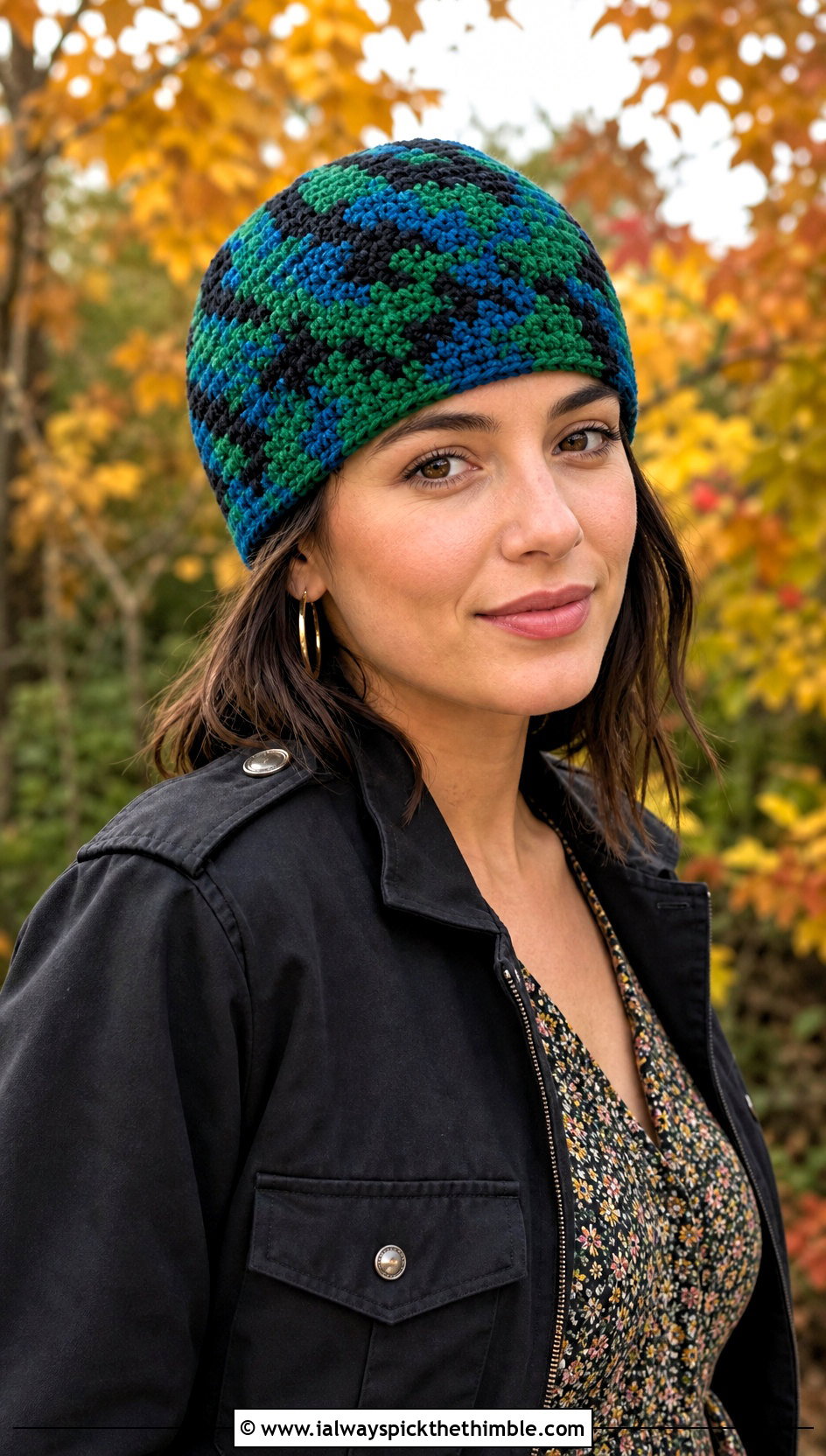 Classic Camo Crochet Beanie With Floral Midi Dress - 20 Camo Beanie Crochet Hat outfit ideas