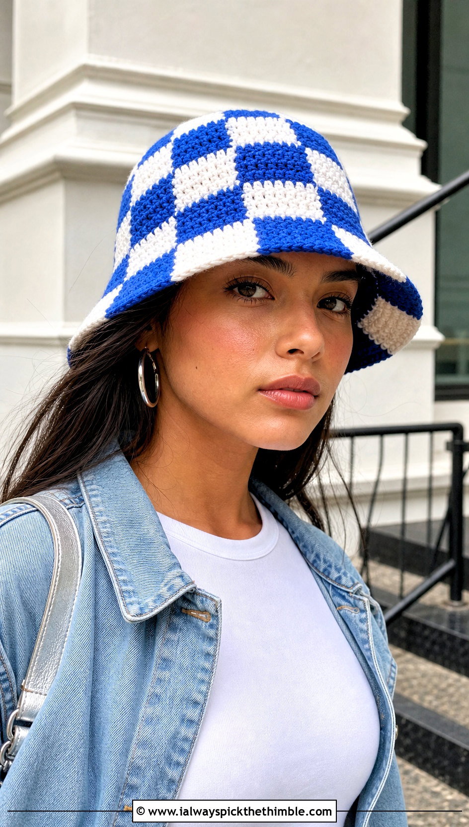 Classic Checkerboard Crochet Bucket Hat With White Tee And Jeans - 20 checkerboard crochet bucket hat outfit ideas