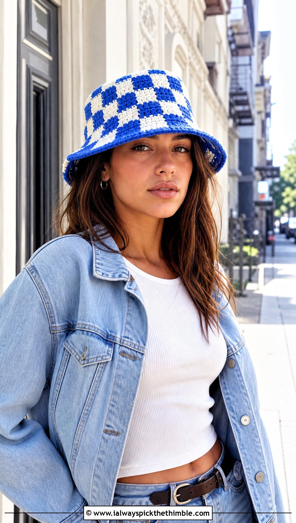 Classic Checkered Crochet Bucket Hat With Straight Leg Jeans - 25 crochet checkered bucket hat outfit ideas