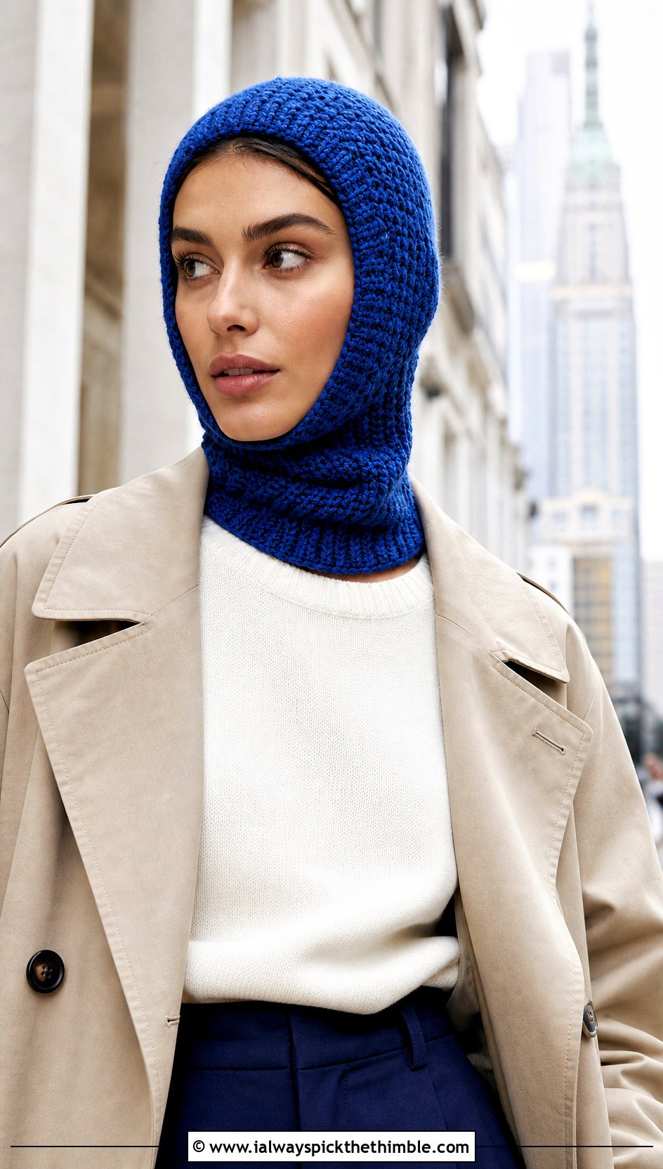 Classic Close Fit Crochet Balaclava With Trench Coat - 20 crochet hood hat outfit ideas