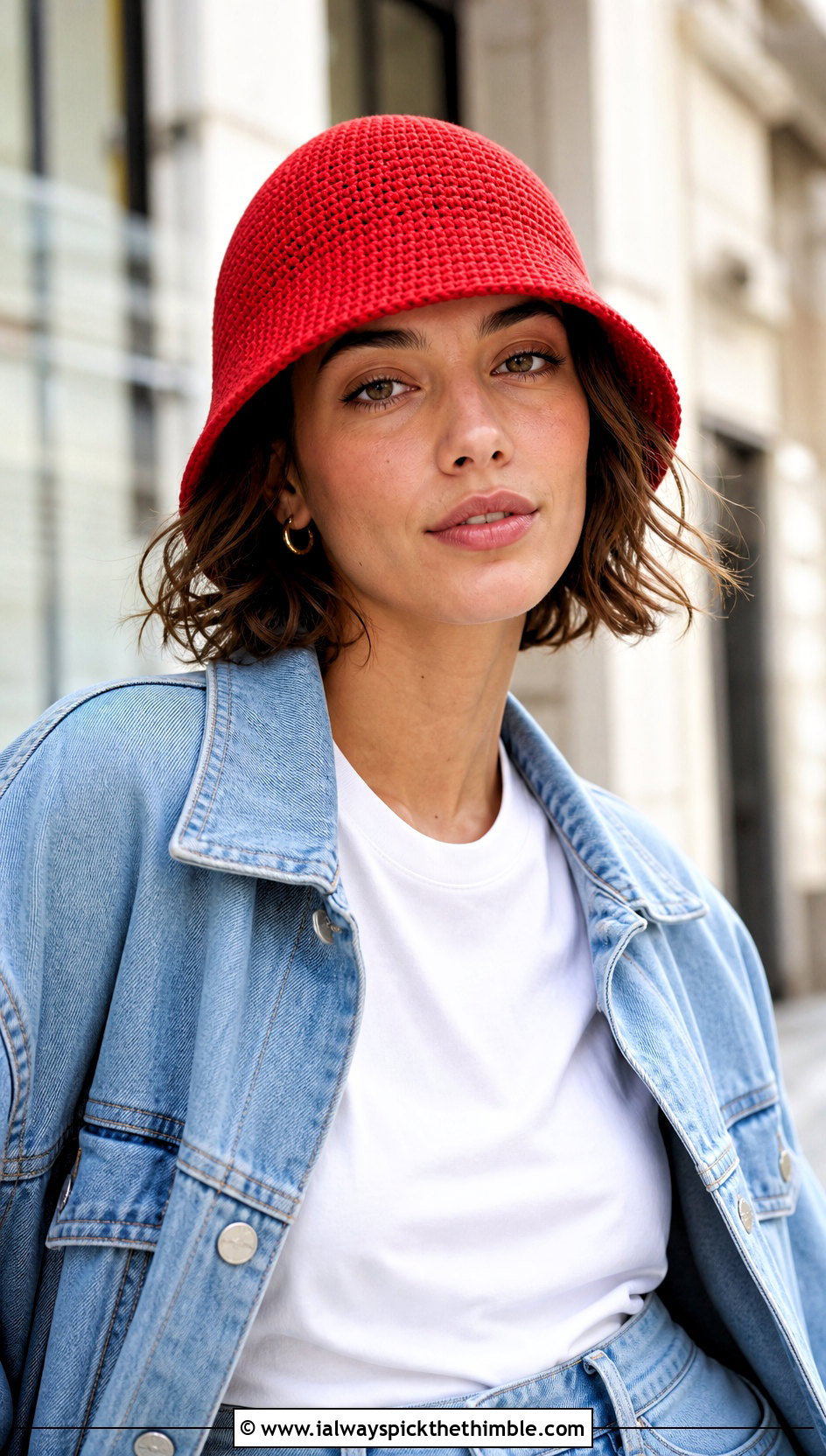 Classic Cotton Red Crochet Bucket Hat With White Tee And Jeans - 20 red crochet bucket hat outfit ideas
