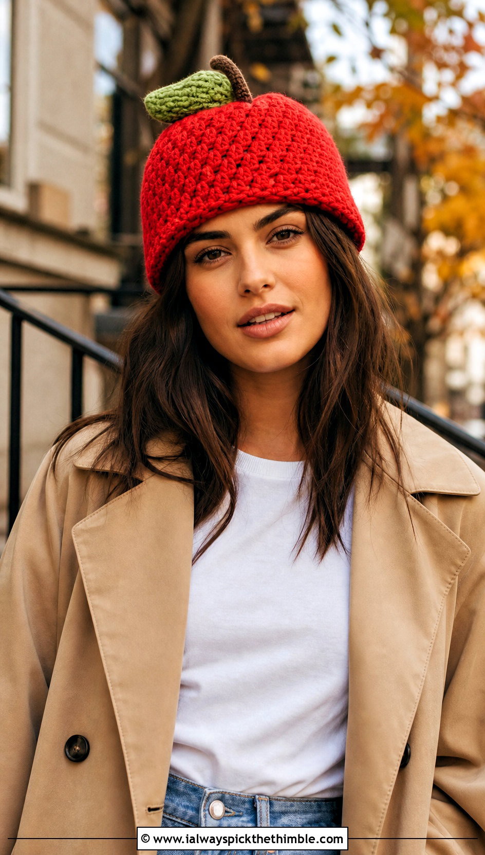 Classic Crochet Apple Beanie With Jeans And Trench Coat - 25 crochet apple hat outfit ideas