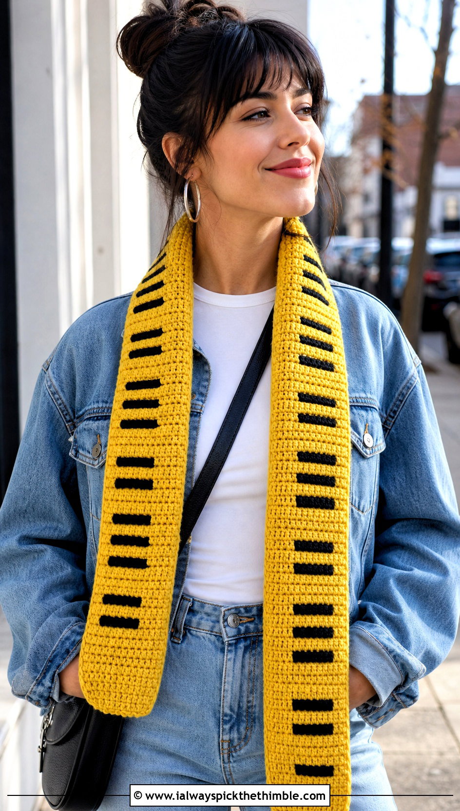 Classic Crochet Piano Key Scarf With Denim Jacket - 25 crochet piano scarf outfit ideas
