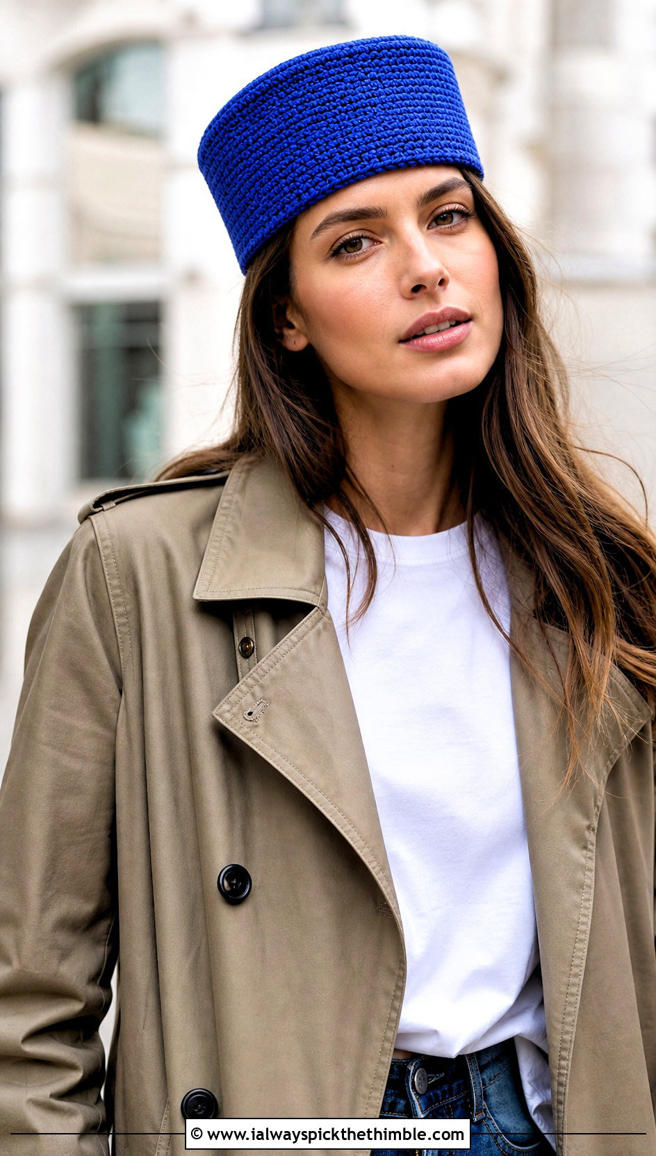 Classic Crochet Pillbox Hat With Trench Coat And Jeans - 20 crochet pillbox hat outfit ideas