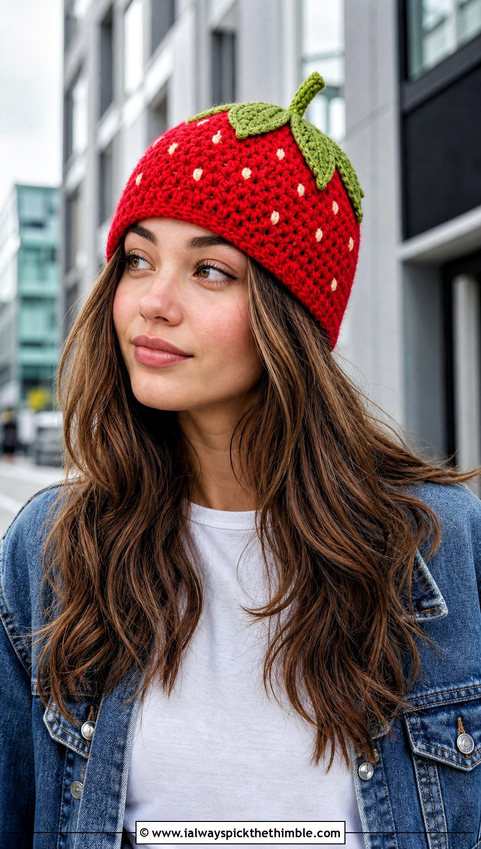 Classic Crochet Strawberry Beanie With Jeans - 20 Crochet Strawberry Beanie outfit ideas