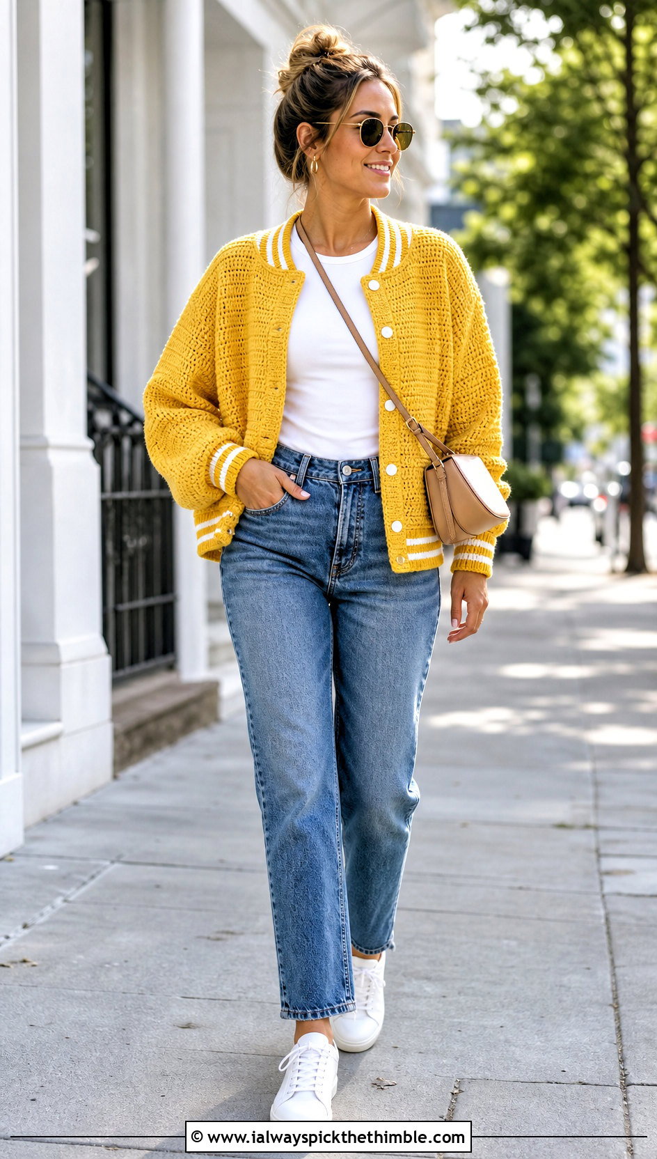 Classic Crochet Varsity Jacket With Straight Leg Jeans - 25 crochet varsity jacket outfit ideas