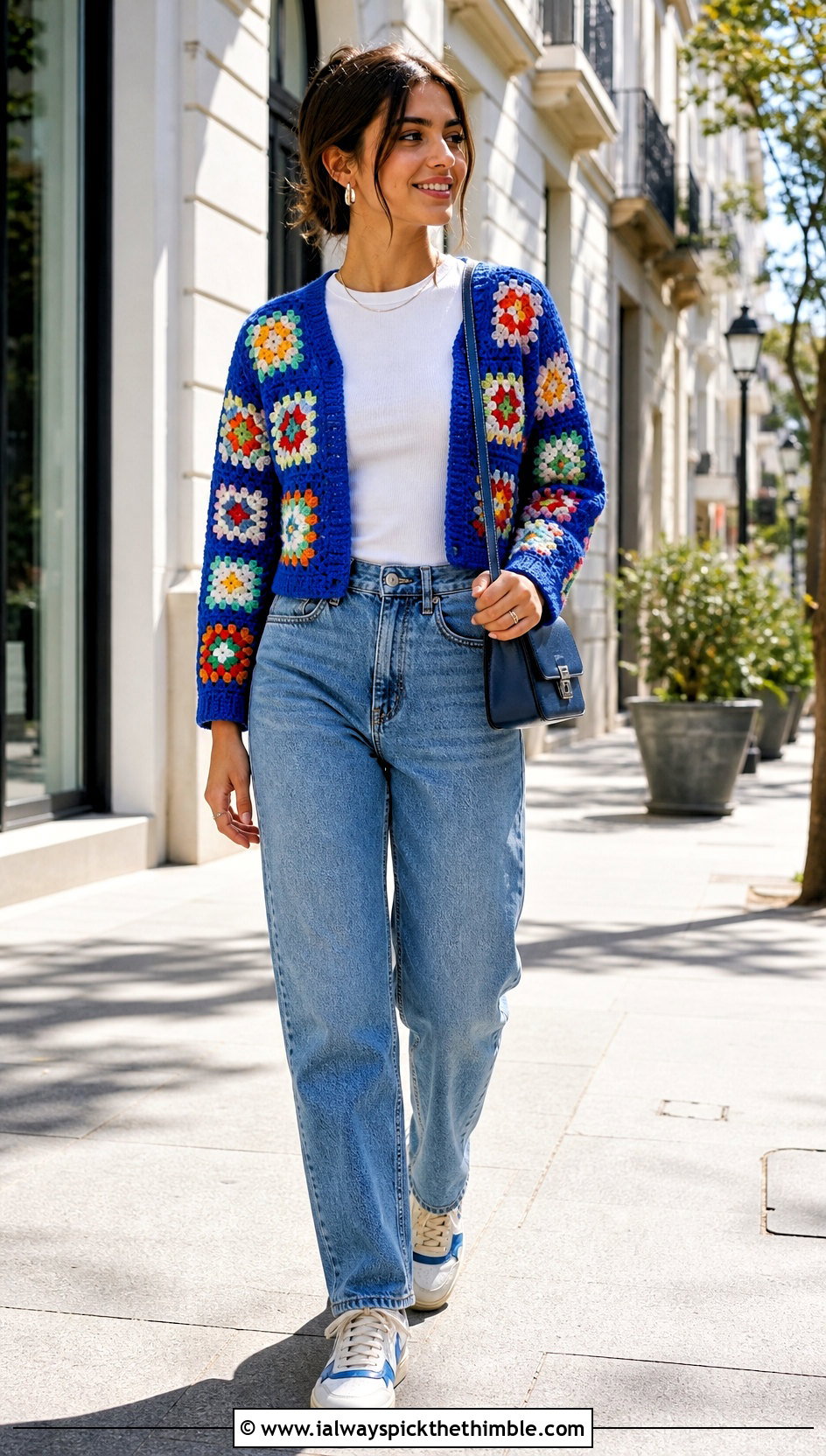 Classic Cropped Granny Square Cardigan With Straight Leg Jeans - 15 originally lovely granny square cardigan outfit ideas
