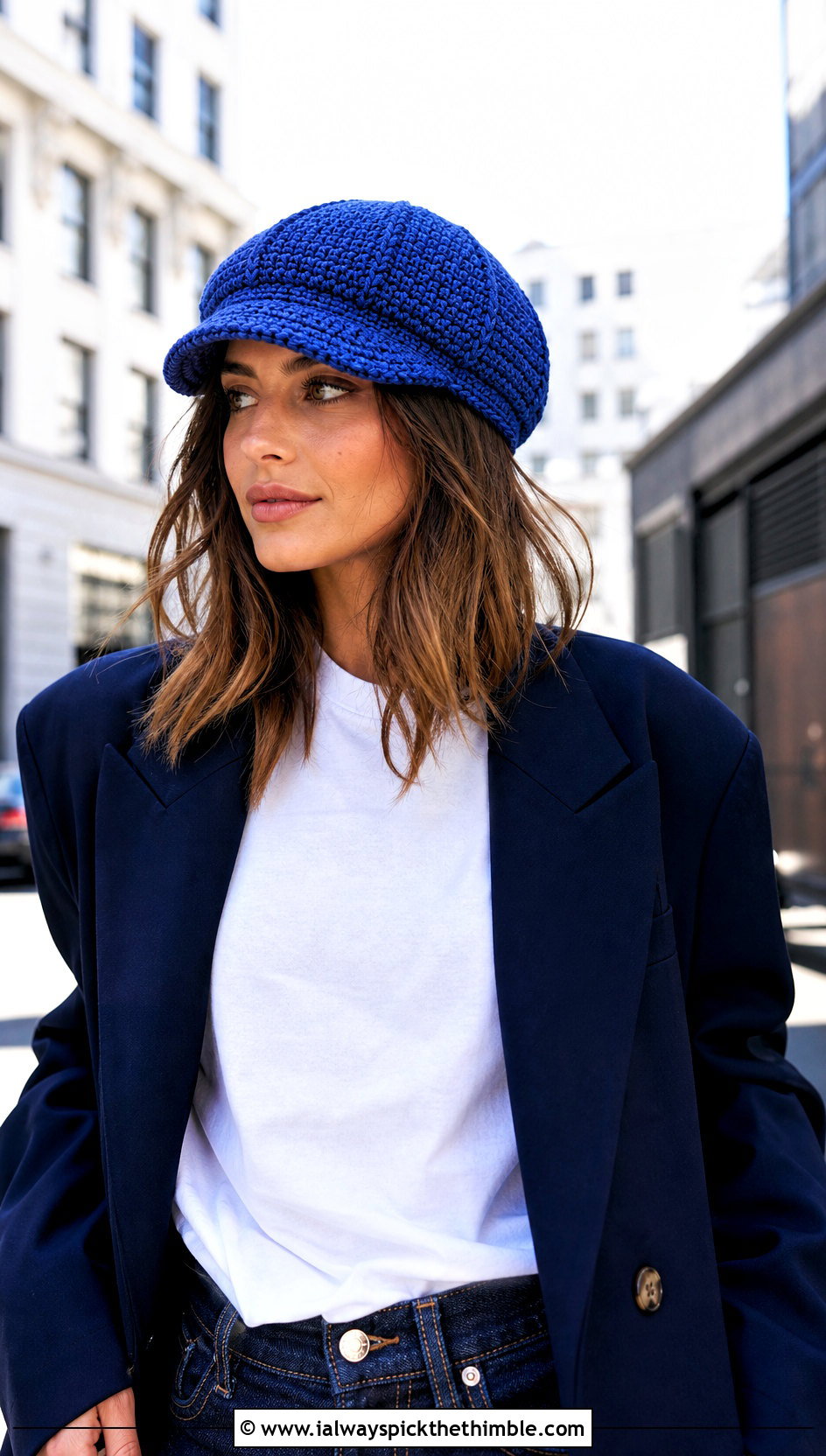 Classic Eight Panel Crochet Newsboy Hat With Blazer And Jeans - 20 newsboy crochet hat outfit ideas