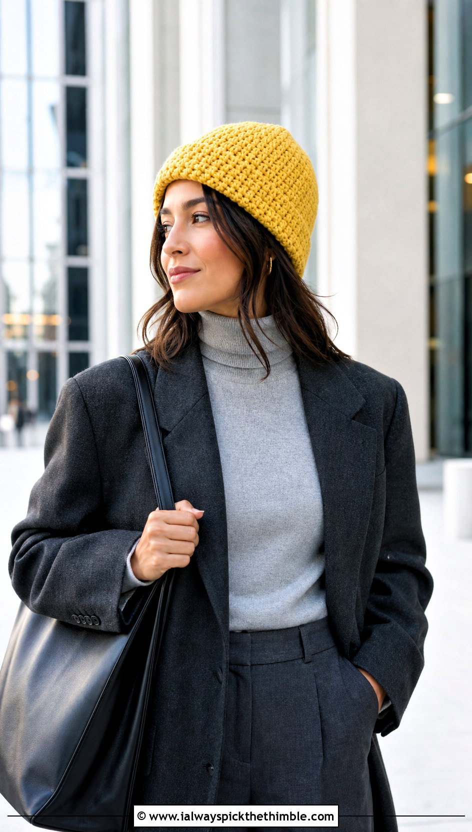 Classic Fitted HDC Crochet Beanie With Blazer And Trousers - 20 hdc crochet beanie outfit ideas