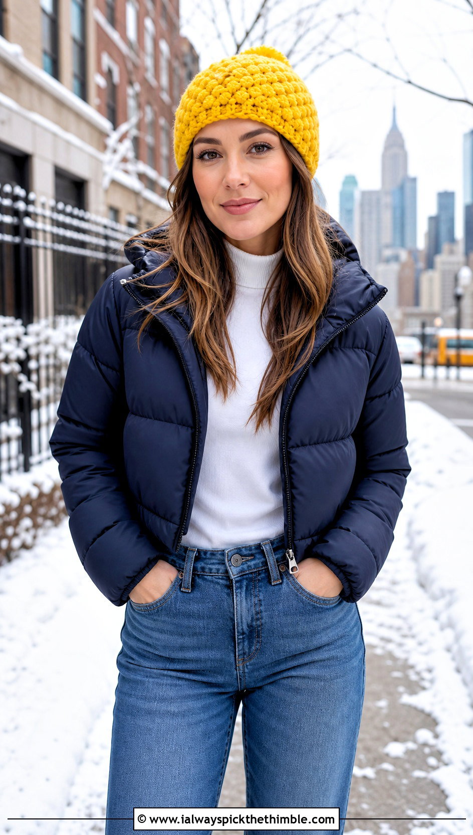 Classic Fitted Puff Stitch Beanie With Puffer Jacket - 20 crochet puff stitch beanie outfit ideas