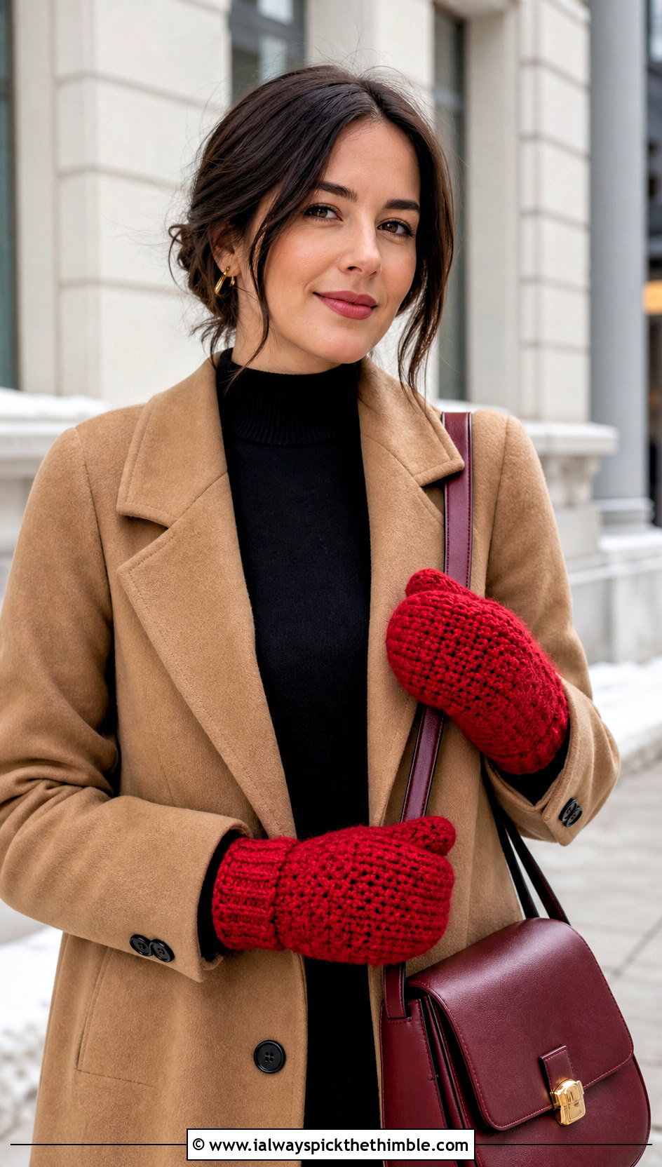 Classic Full Crochet Mittens With Wool Coat - 25 easy crochet mittens for beginners outfit ideas
