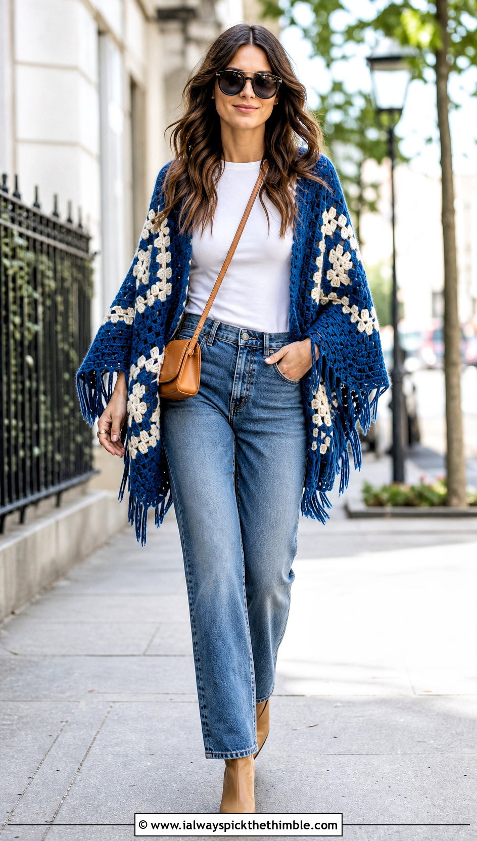Classic Geometric Crochet Clint Eastwood Poncho With Straight Leg Jeans - 15 Crochet Clint Eastwood Poncho outfit ideas