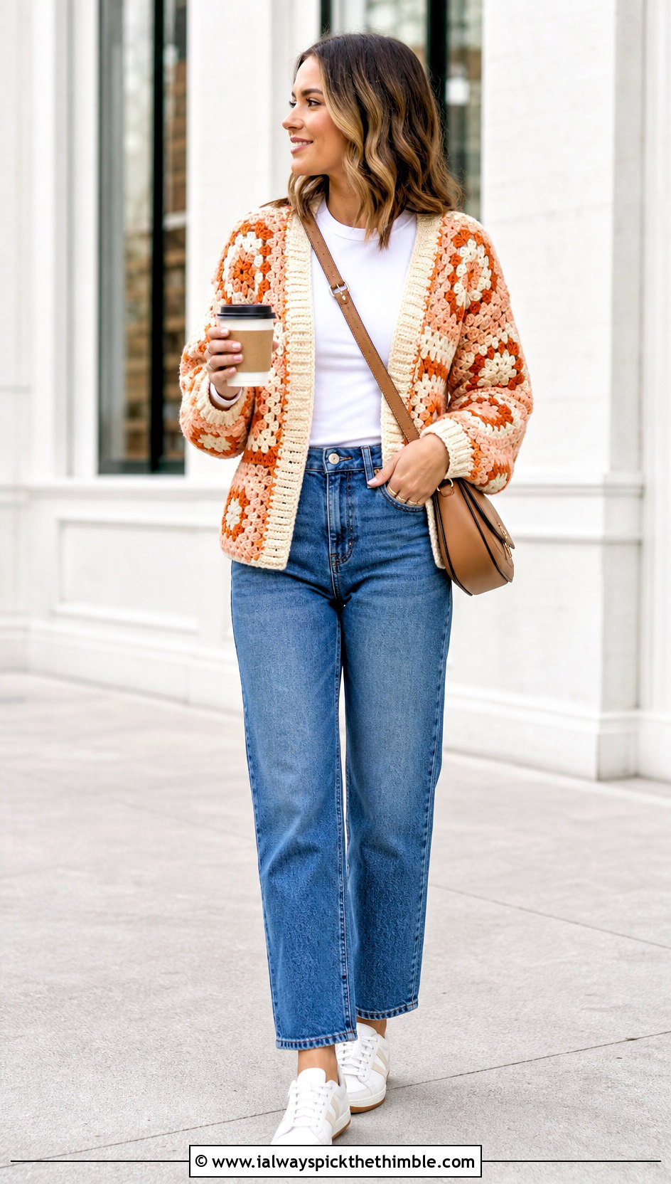 Classic Granny Block Cardigan With Straight Leg Jeans - 20 crochet block cardigan outfit ideas