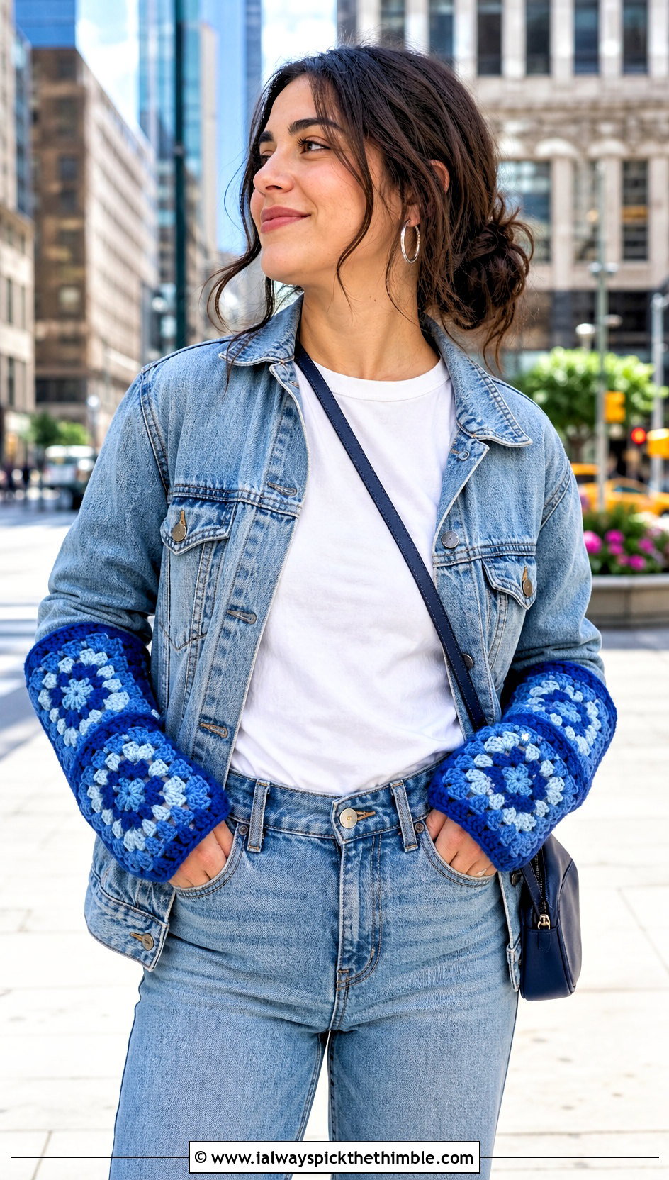 Classic Granny Square Arm Warmers With Denim Jacket - 20 Granny Square Arm Warmers outfit ideas