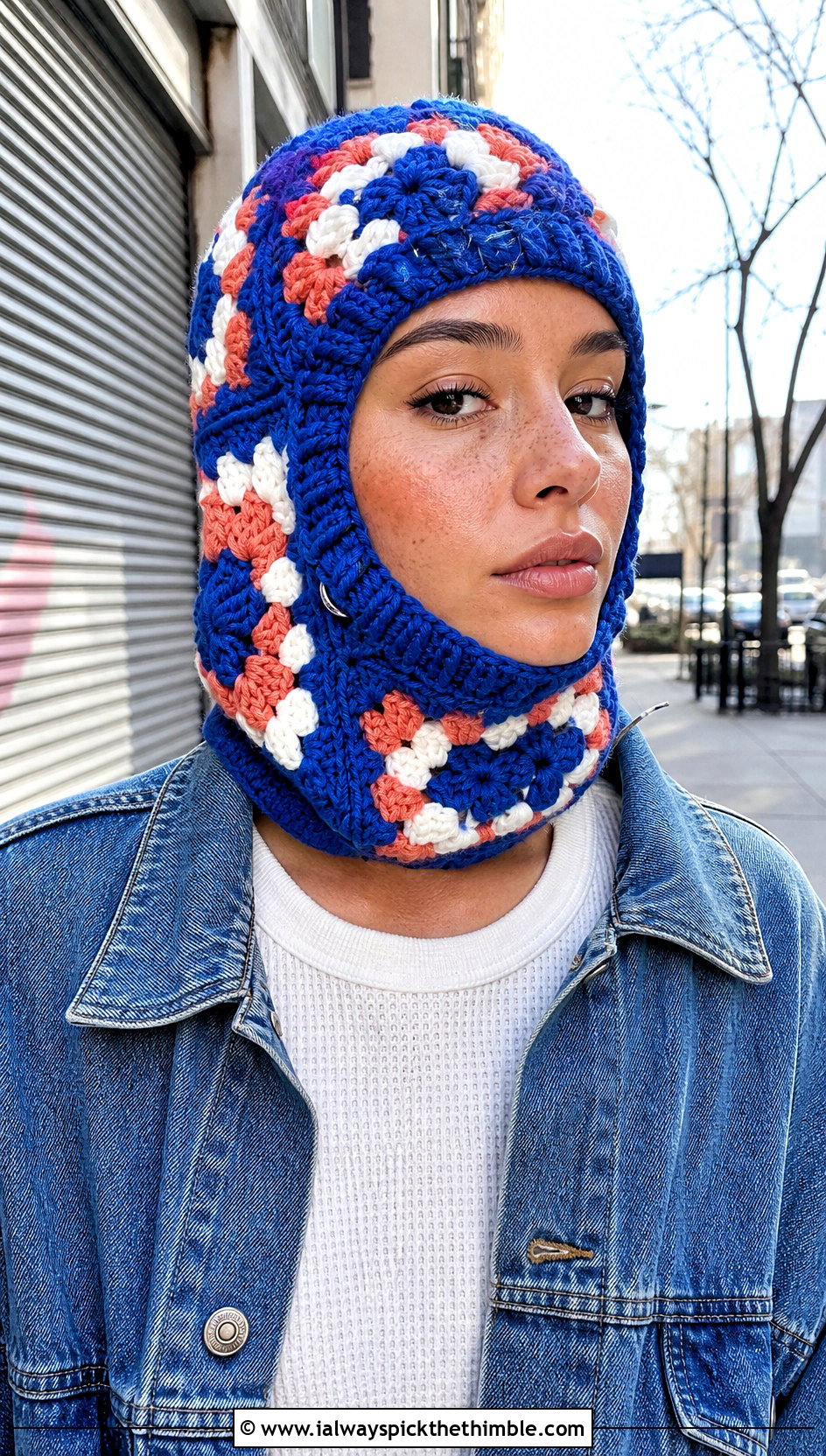 Classic Granny Square Balaclava With Denim Jacket - 20 crochet granny square balaclava outfit ideas