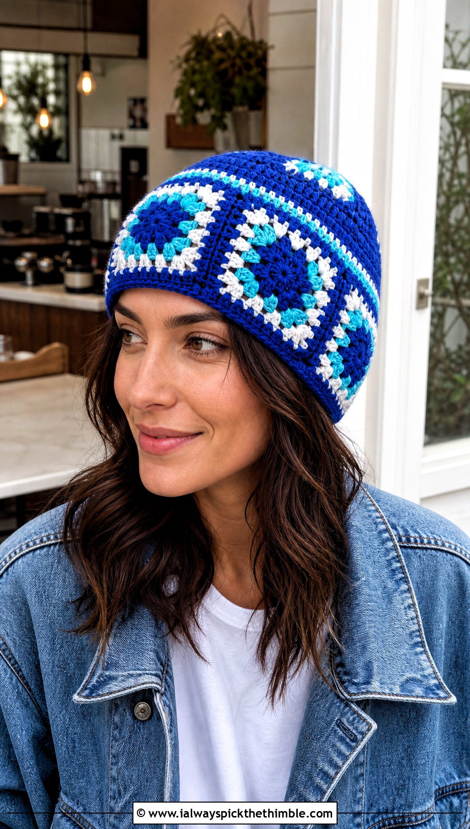 Classic Granny Square Beanie With Denim Jacket - 25 crochet granny square beanie outfit ideas