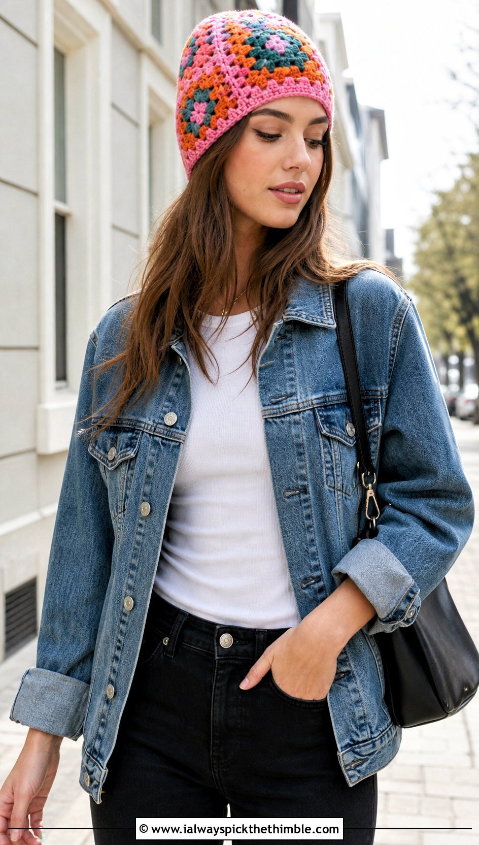 Classic Granny Square Beanie With Denim Jacket And Black Jeans - 20 square crochet beanie outfit ideas