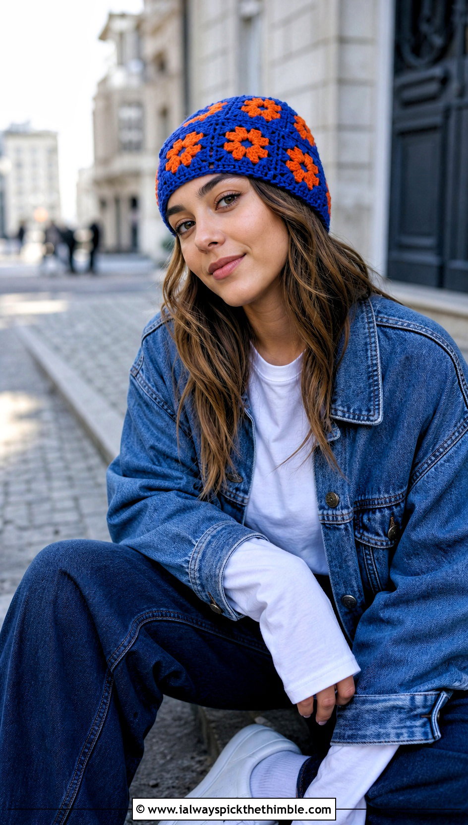 Classic Granny Square Beanie With Denim Jacket - 20 granny square beanie outfit ideas