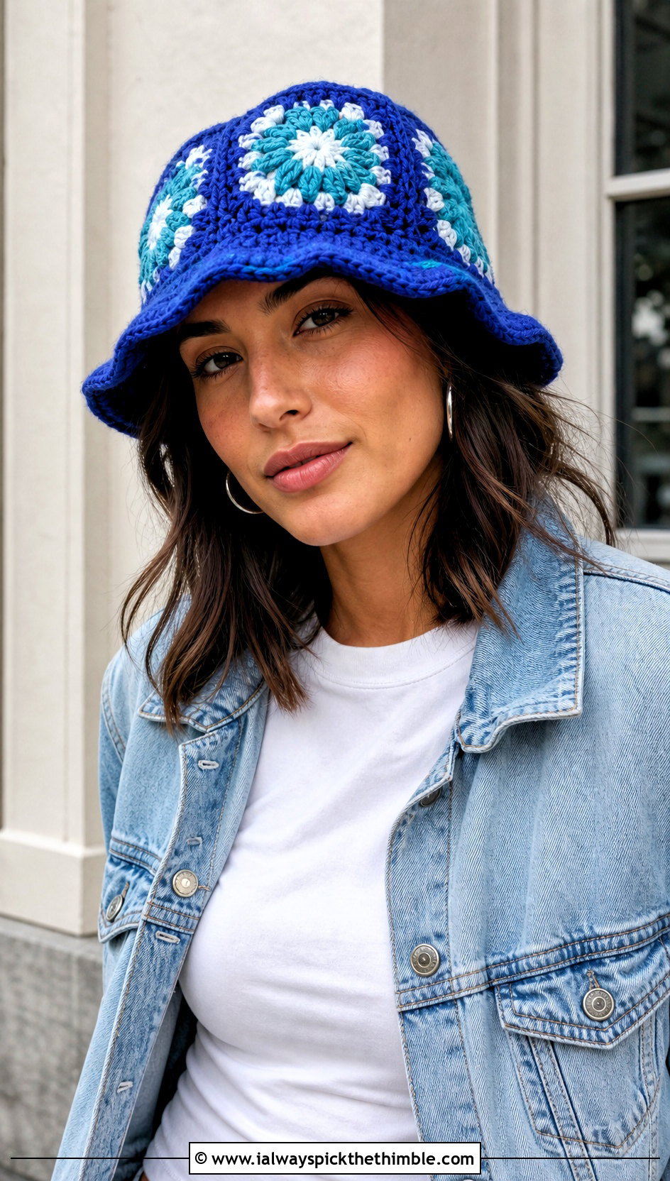 Classic Granny Square Bucket Hat With Denim Jacket - 25 granny square hats outfit ideas